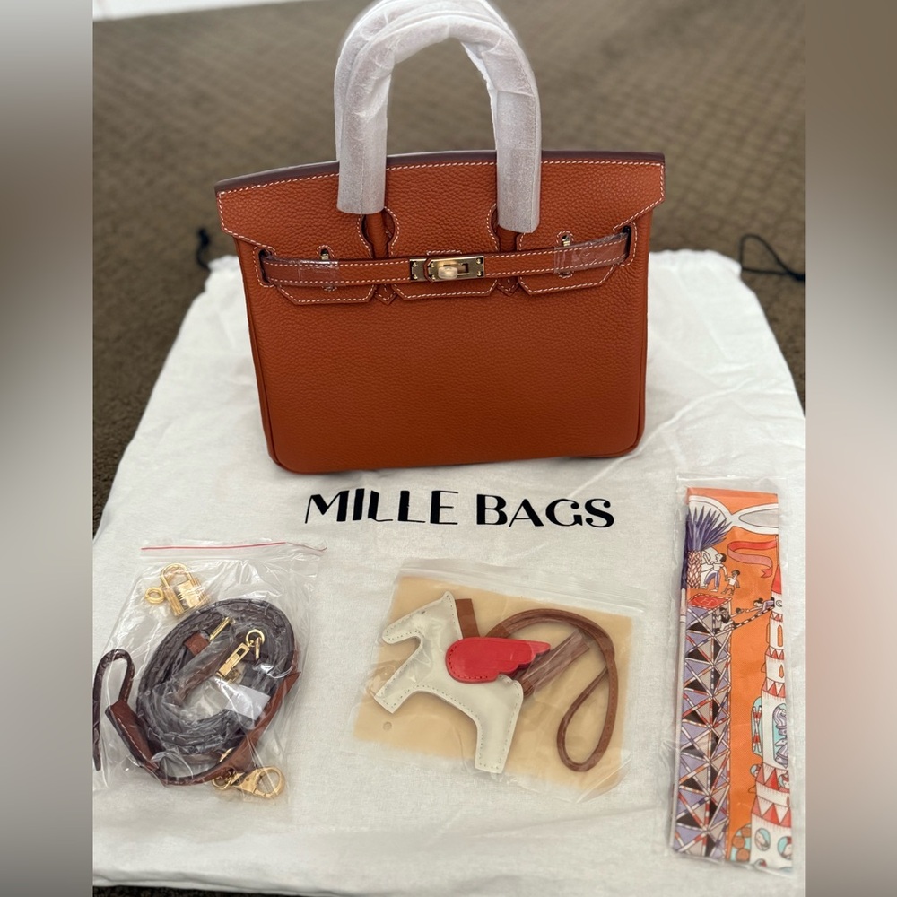 New Mille Bag Purse Gabrielle Brown Gold Leather Handbag Scarf crossbody charm